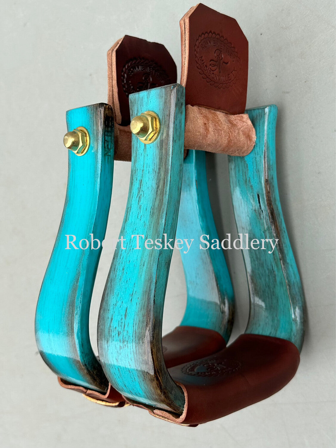 Premier Line The Flatbottom Ronnie Nettles Stirrups with 2- inch Tread Width in Distressed Turquoise Finish