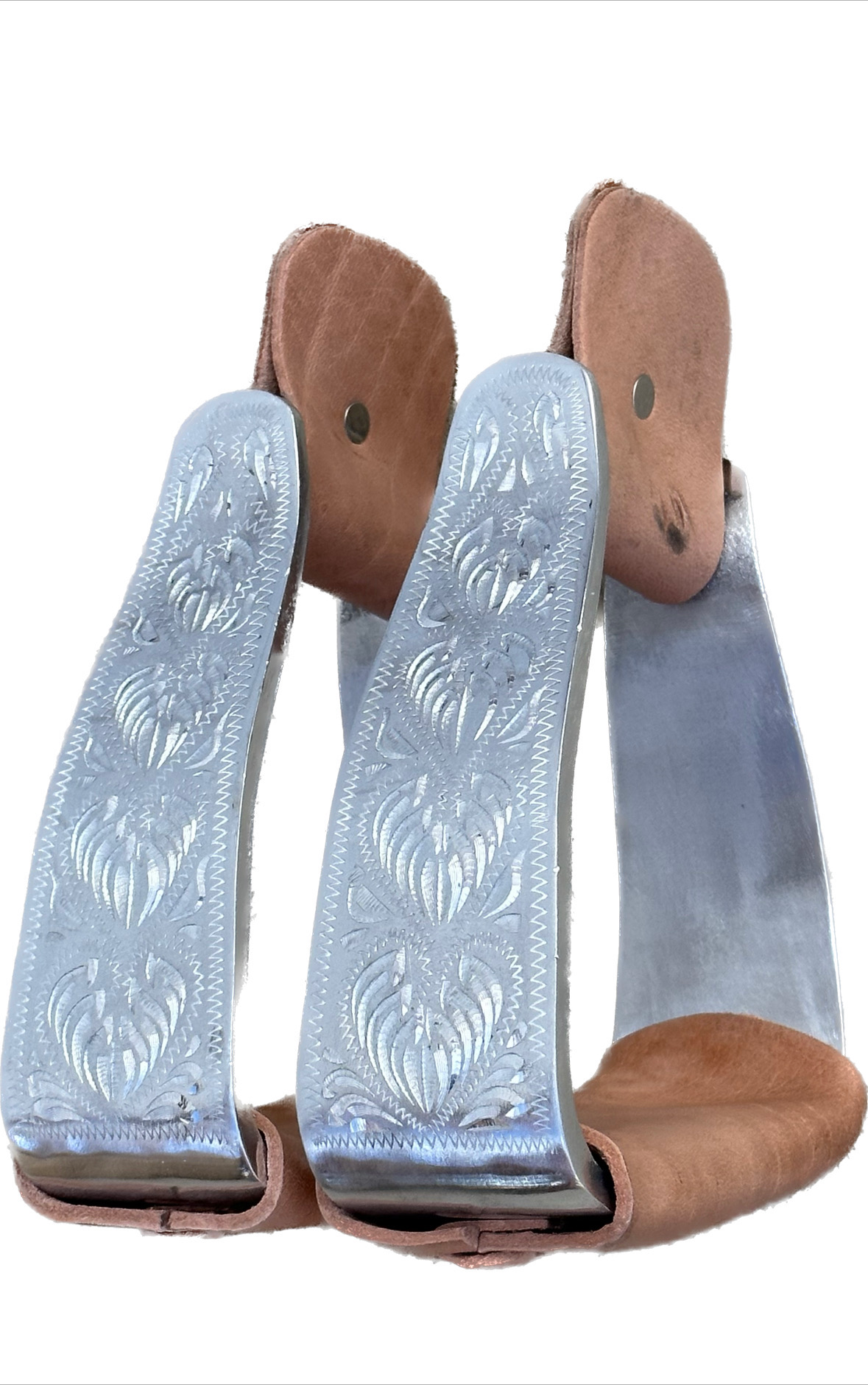 Aluminum Engraved Stirrups with a 2 1/2- inch Width Leather Wrapped Treads