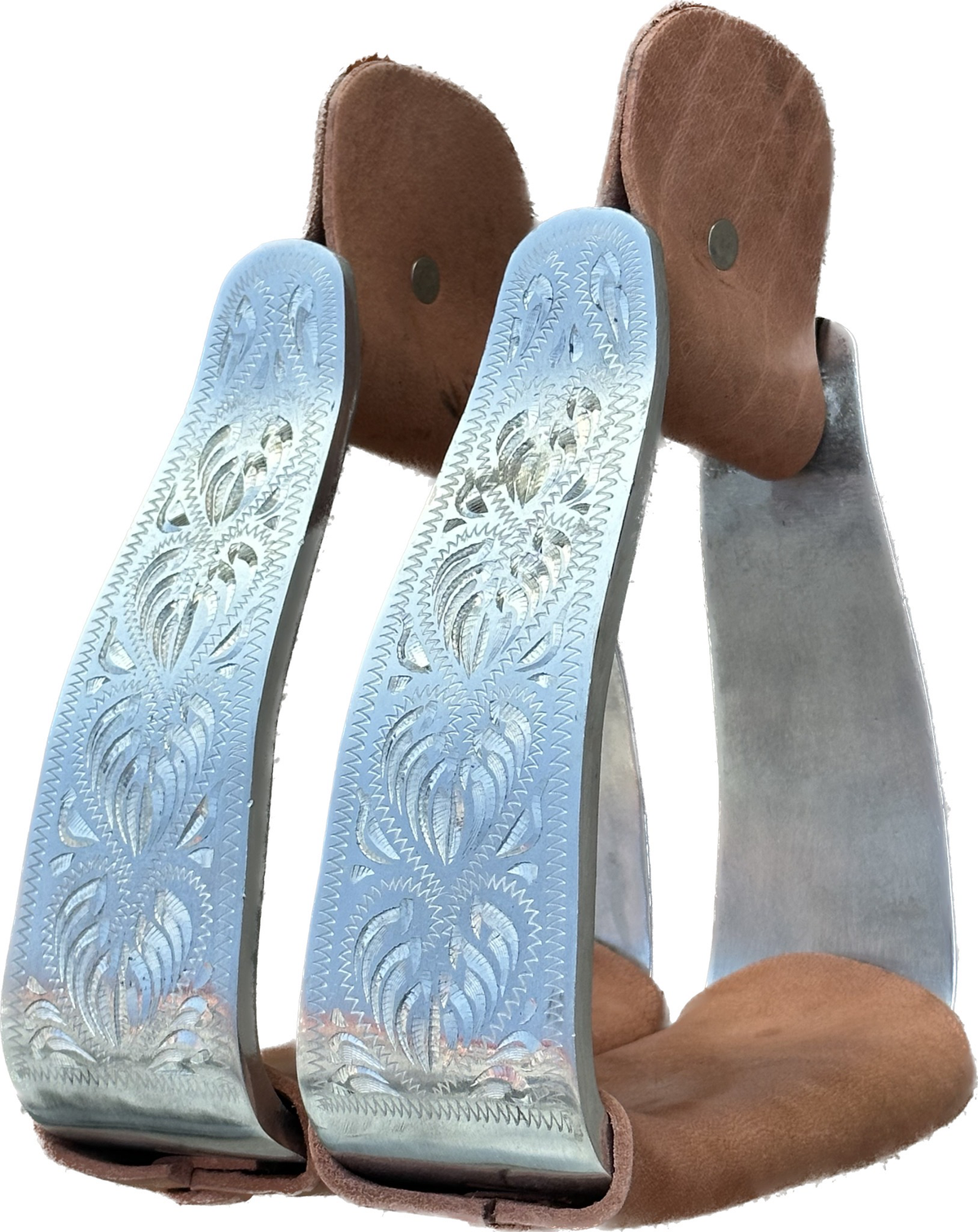 Aluminum Engraved Slanted Stirrups With Leather Wrapped Treads