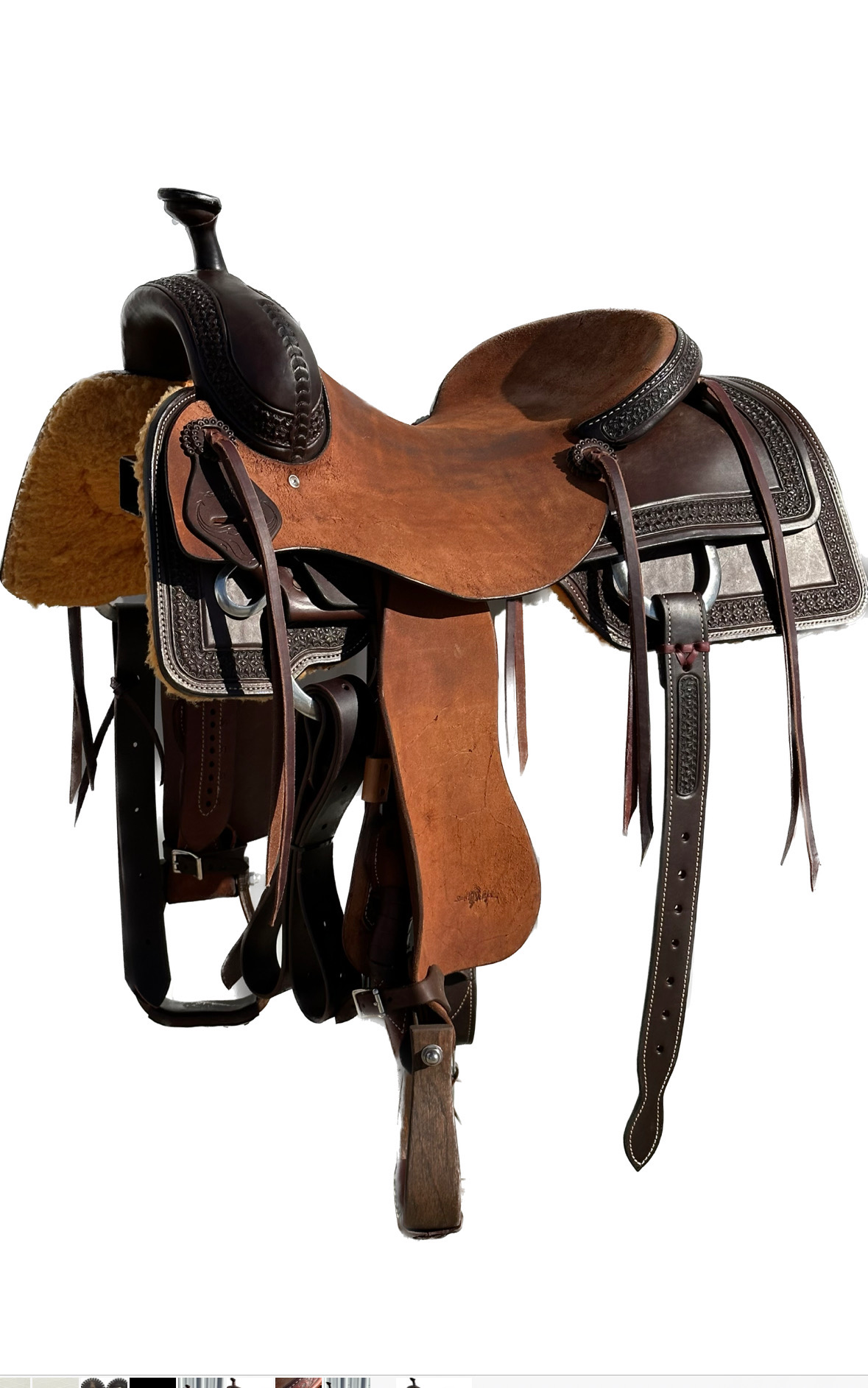Stuart Ryback Cowhorse Saddle with s 16 1/2- inch Rough Out Seat in Dark Oil Finish with Blossom Border 012425