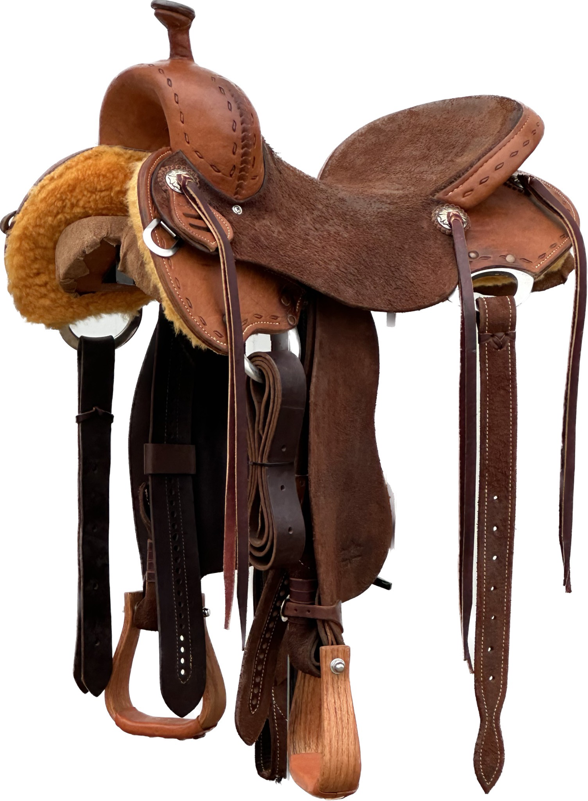 Stuart Rybak CowHorse Saddle with a 16- inch Chocolate Rough Out Seat in Medium Chestnut Finish 040325