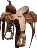 Heart O Texas Kid’s Saddle with a 10- inch Rough Out Seat Interlaced Tooling in Medium Finish 050125