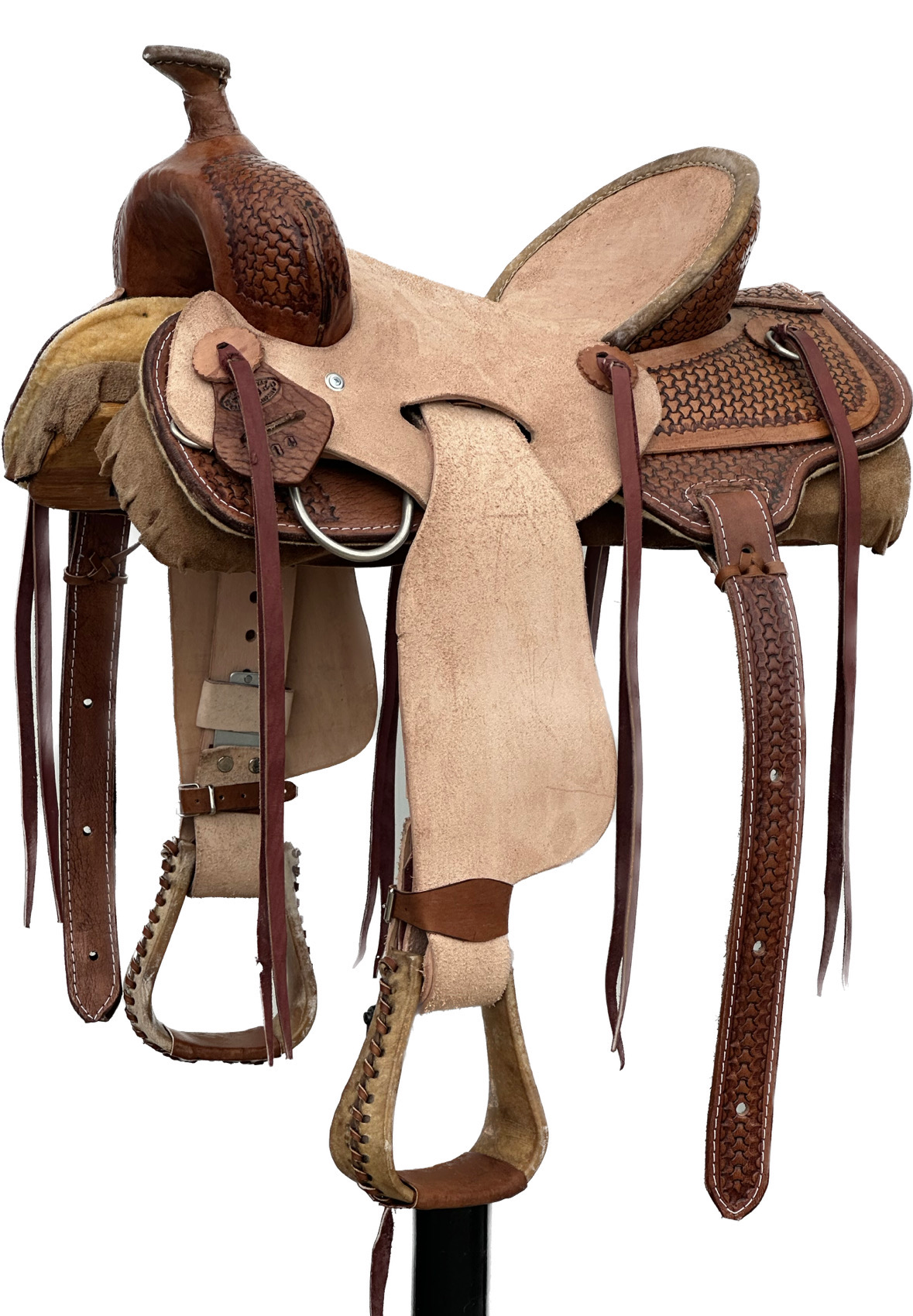 Heart O Texas Kid’s Saddle with a 14- inch Rough Out Seat Interlace Tooled in Medium Finish