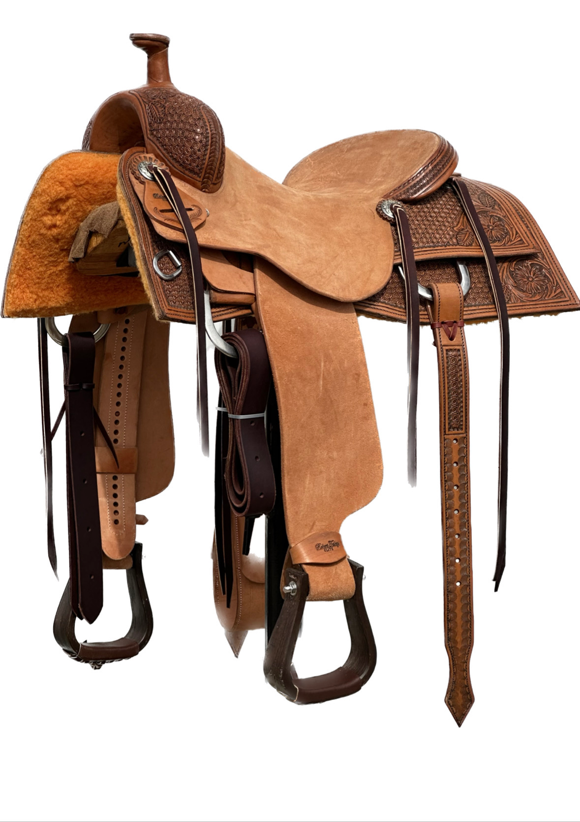Robert Teskey Elite Ranch Cutting Horse Saddle with a 16- inch Rough Out Seat in Medium Finish Tooled in Floral Pattern with Floral Accent 050825