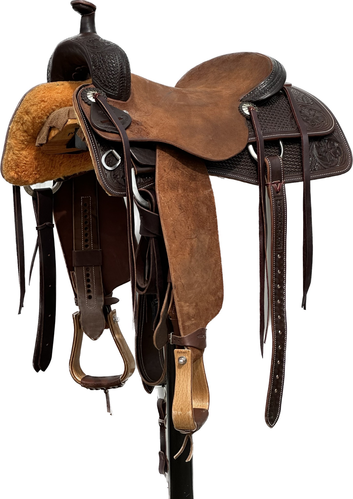 Robert Teskey Elite Ranch Cutting Horse Saddle with a 16 1/2- inch Rough Out Seat in Dark Finish Tooled in Basket Weave with Floral 050825